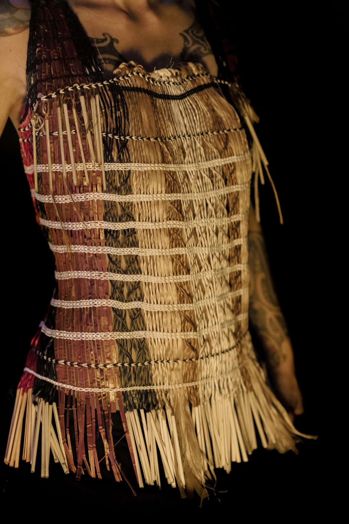 Raranga by Ruth Woodbury: the bodice worn, the fringe at the hem.