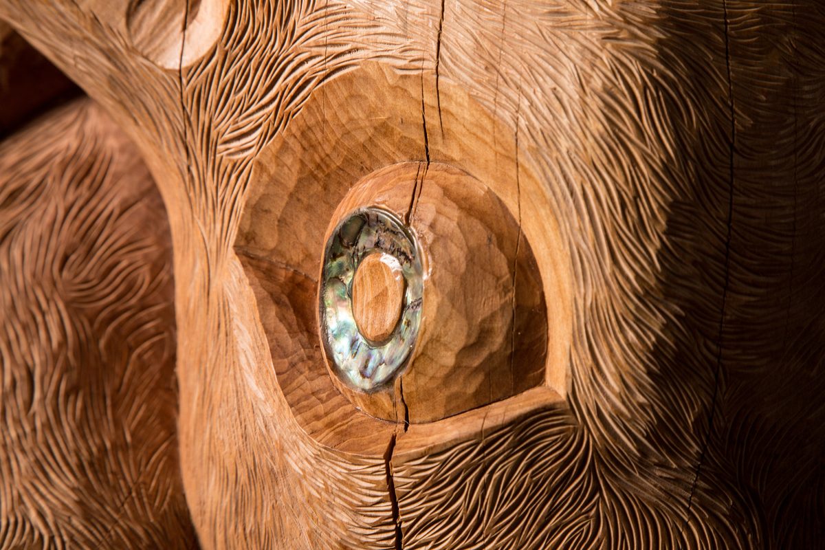 Te Ara Whakaiti: the bull's eye, pāua set into the tōtara.